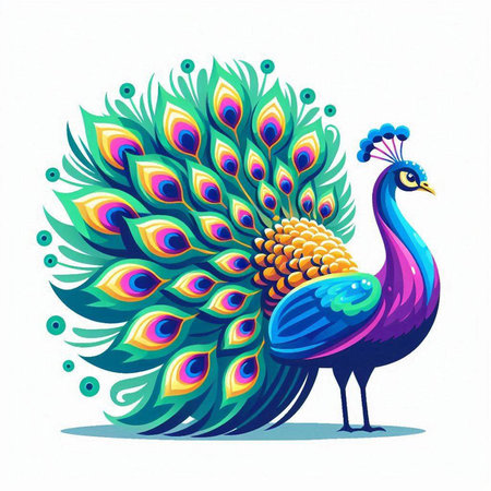 Peacock with colorful feathers isolated on white background. Vector illustration.のイラスト素材