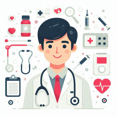 Male doctor with stethoscope and medical icons. Vector illustration.のイラスト素材