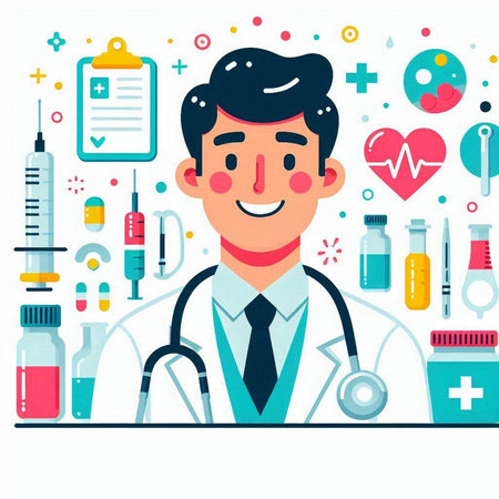 Doctor with stethoscope and medical equipment. Vector illustration in flat styleのイラスト素材