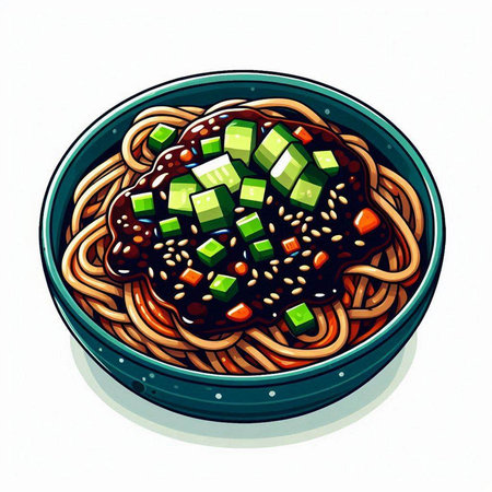 Illustration of a bowl of chinese noodle with soy sauceのイラスト素材