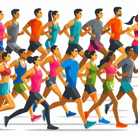 Marathon running people, vector illustration in flat style. Group of runners.のイラスト素材