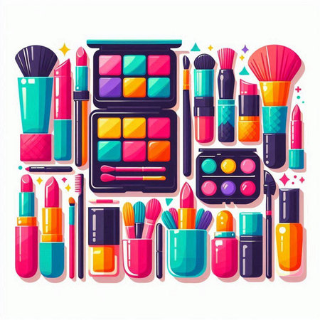 Vector illustration of set of decorative cosmetics, lipstick, eyeshadow palette, powder, mascara, eyeliner, nail polish, brushes.のイラスト素材