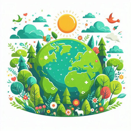 Ecology concept. Green planet in the forest. Vector illustration.のイラスト素材