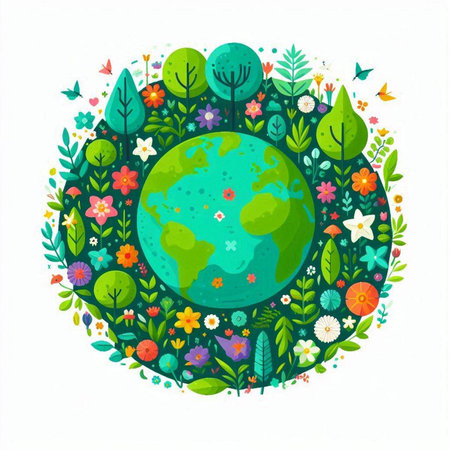 Illustration of planet earth surrounded by flowers and leaves. Vector illustration.のイラスト素材