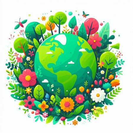 Ecology concept. Earth planet surrounded by flowers and leaves. Vector illustration.のイラスト素材