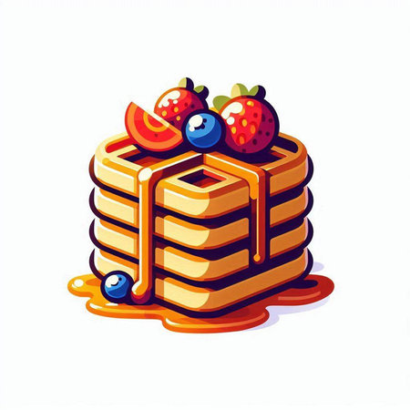 Pancakes with strawberries, blueberries and honey. Vector illustration.のイラスト素材