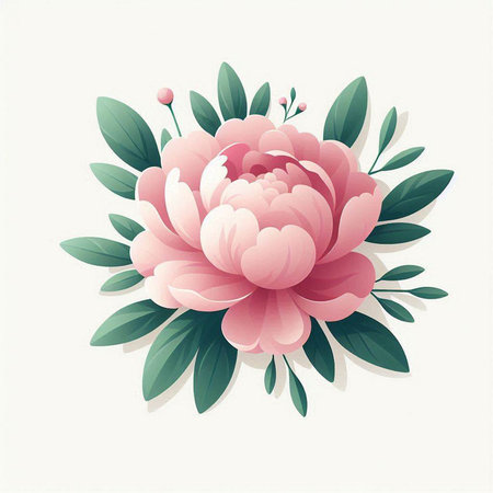 Pink peony with green leaves on white background. Vector illustration.のイラスト素材