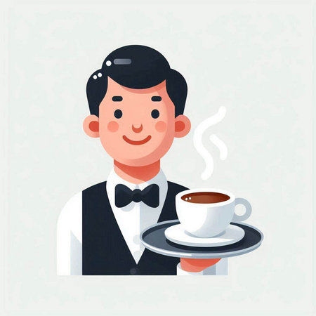 Waiter holding a cup of coffee. Vector illustration in cartoon styleのイラスト素材