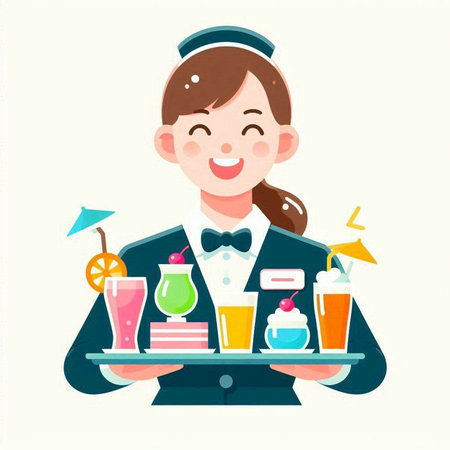 Young waitress holding tray with different drinks. Vector illustration in cartoon style.のイラスト素材