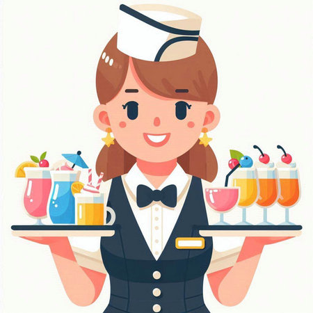 Sailor holding a tray with different cocktails. Vector illustration.のイラスト素材