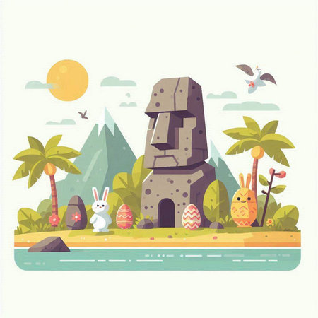 Vector illustration of the island in the style of flat design with the image of the stone temple, the rabbit and the eggsのイラスト素材