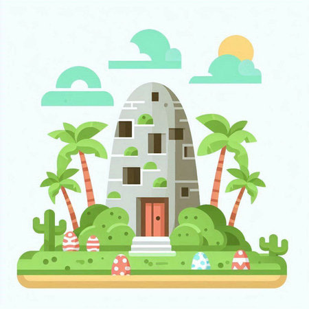 Vector illustration in flat style. House with cactuses, palm trees and eggs.のイラスト素材