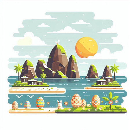 Easter eggs on the island. Vector illustration in flat style.のイラスト素材
