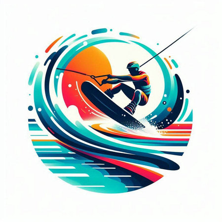 Vector illustration of a water skiing on a background of colorful waves.のイラスト素材