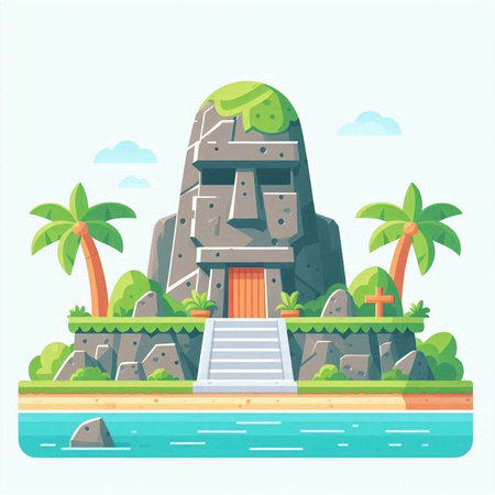 Ancient stone temple on the beach. Vector illustration in flat style.のイラスト素材