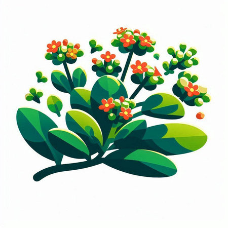 Flowering bush with red flowers and green leaves on a white backgroundのイラスト素材