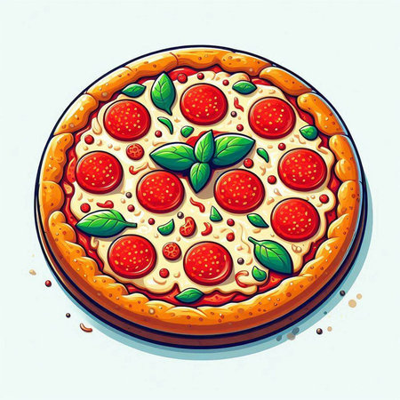 Pizza with pepperoni, mozzarella and basil. Vector illustrationのイラスト素材