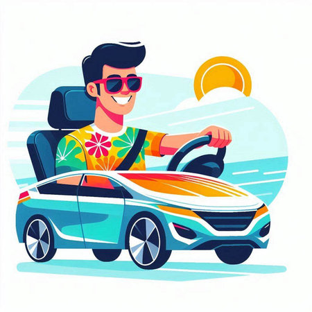Young man driving a convertible car on the road. Vector illustration.のイラスト素材