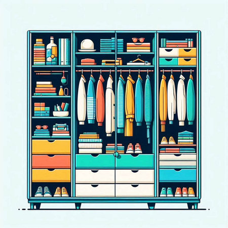 Closet with different clothes and accessories. Vector illustration in retro styleのイラスト素材