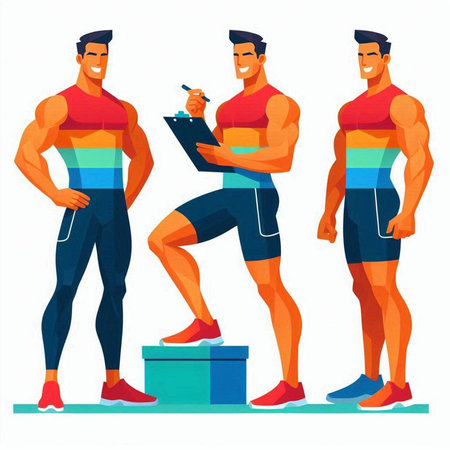 Muscular man doing exercises. Vector illustration in flat cartoon style.のイラスト素材