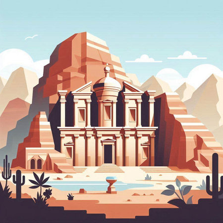 Ancient temple in the desert. Egypt. Vector illustration in retro styleのイラスト素材