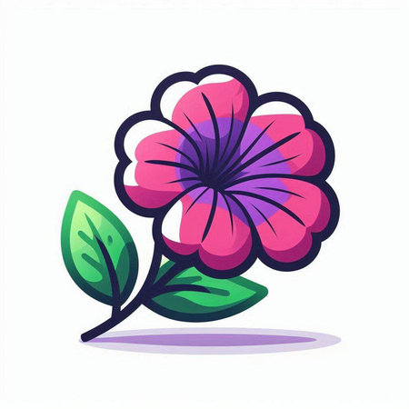 Illustration of a pink flower with green leaves on a white backgroundのイラスト素材