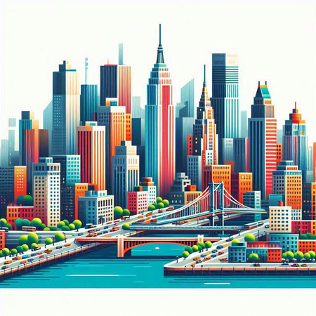 New York City skyline with skyscrapers and bridge. Vector illustration.のイラスト素材