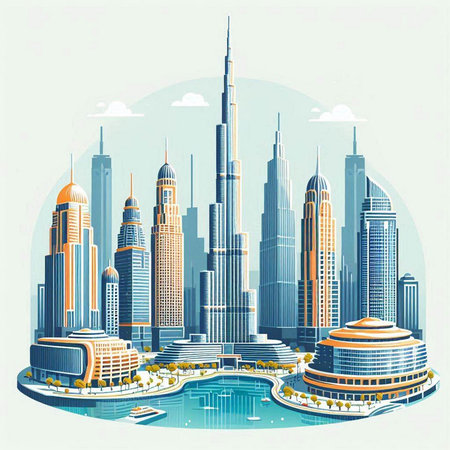 Dubai, United Arab Emirates. Landmarks of UAE. Modern skyscrapers. Vector illustration.のイラスト素材