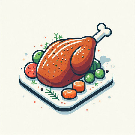 Illustration of a roasted chicken with vegetables on a white background.のイラスト素材