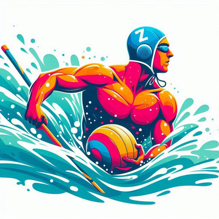 Water polo player with a ball on the water. Vector illustration.のイラスト素材