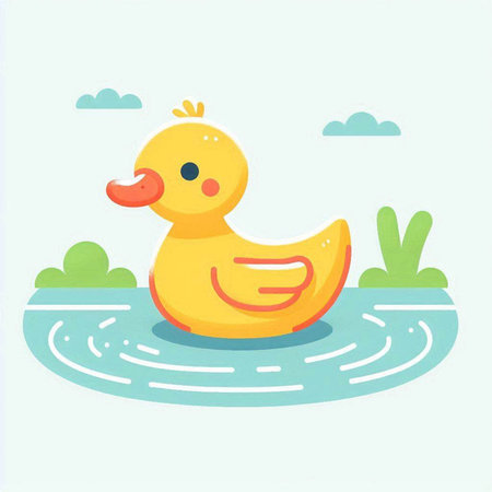 Cute yellow rubber duck swimming in the pond. Vector illustration.のイラスト素材
