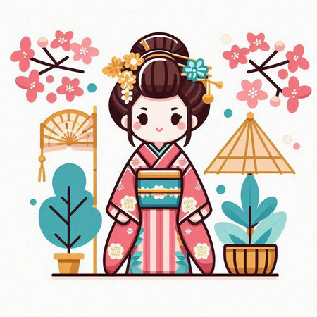 Cute kimono girl. Japanese style. Vector illustration.のイラスト素材