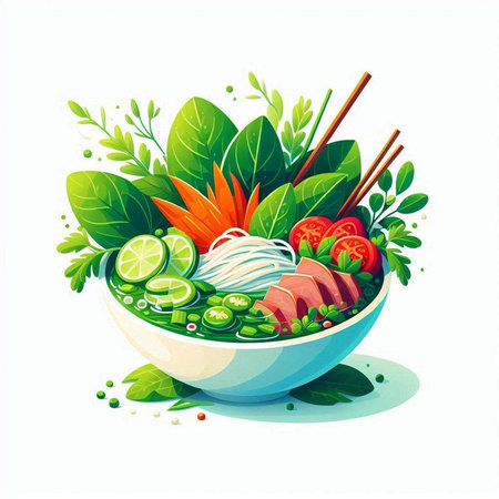 Illustration of a bowl of fresh vegetable salad with chopsticks.のイラスト素材
