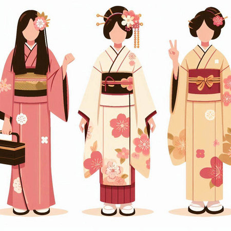 Japanese girls in traditional kimono and kimono, vector illustrationのイラスト素材
