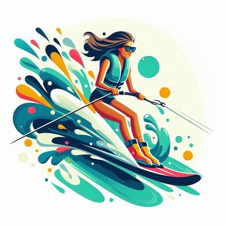 Vector illustration of a girl skier on a skis in the water.のイラスト素材