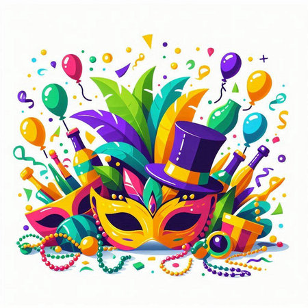 Mardi Gras party background with carnival mask and accessories. Vector illustration.のイラスト素材