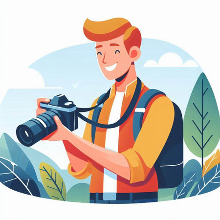 Photographer with a camera in his hands. Vector illustration in cartoon styleのイラスト素材