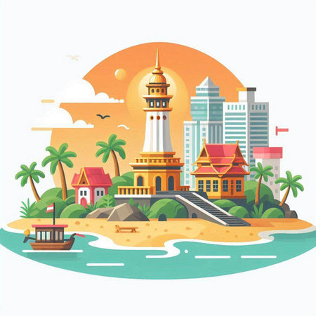 Tower on the beach. Vector illustration in flat design style.のイラスト素材