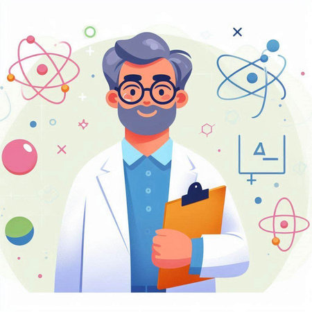 Scientist in white coat and glasses with clipboard. Vector illustration.のイラスト素材
