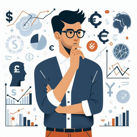 Businessman thinking about money. Vector illustration in a flat style.のイラスト素材