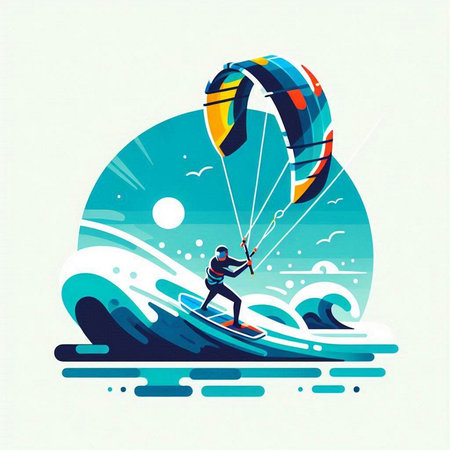 Kitesurfing vector illustration. Man riding a kite on the wavesのイラスト素材