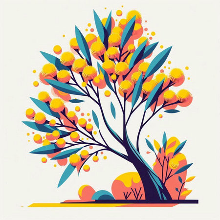 Vector illustration of a stylized tree with yellow and orange leaves.のイラスト素材
