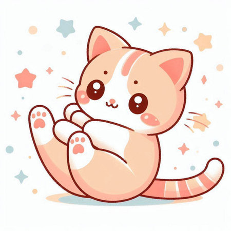 Cute cartoon cat sitting on a white background with stars. Vector illustration.のイラスト素材
