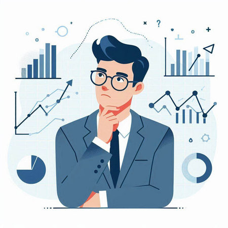 Thoughtful businessman looking at graphs. Vector illustration in flat styleのイラスト素材