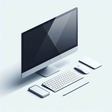 Highly rendering of a desktop computer with keyboard, mouse, pencil and mobile phoneのイラスト素材