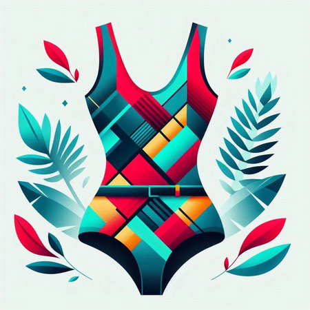 Swimsuit with colorful geometric shapes and leaves. Vector illustration.のイラスト素材
