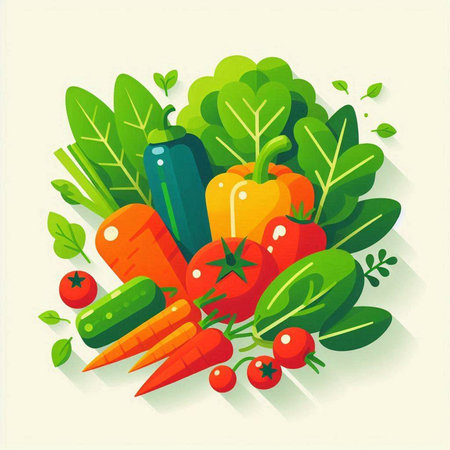 Healthy food background with fresh vegetables. Vector illustration in flat style.のイラスト素材