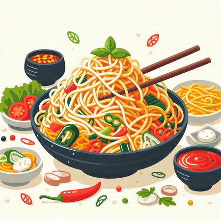 Illustration of a bowl of spaghetti with chopsticks and vegetables.のイラスト素材