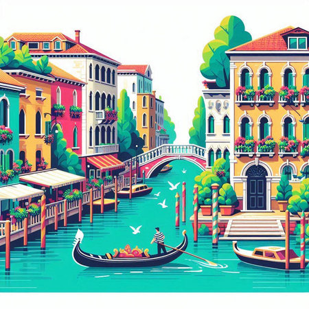Venice canal with gondolas and boats. Vector illustration.のイラスト素材