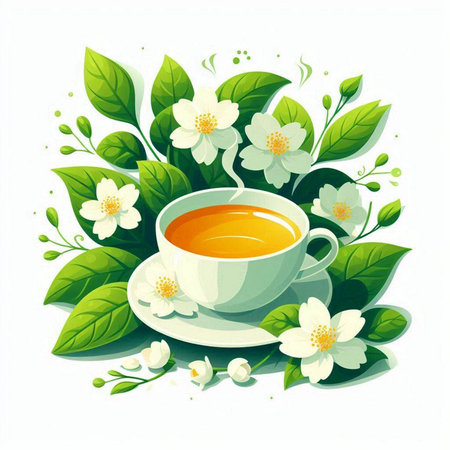Cup of tea with jasmine flowers and green leaves. Vector illustration.のイラスト素材